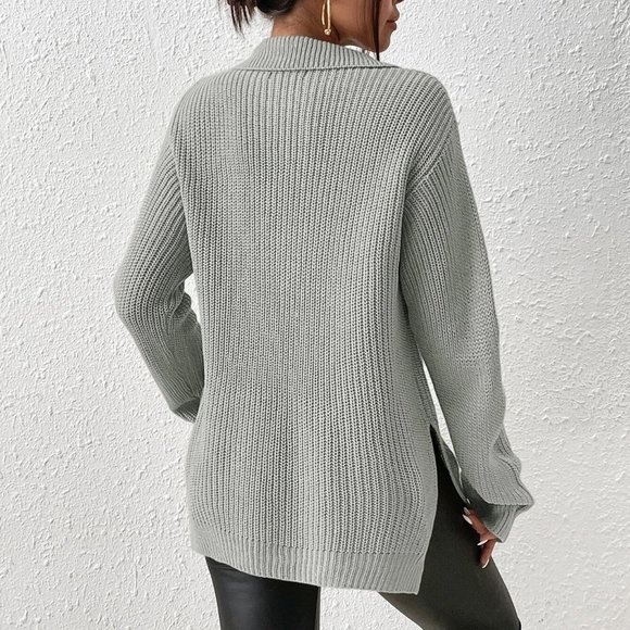 Grey Casual Womens Half Zip Split Hem Drop Shoulder Sweater - Picture 3 of 5